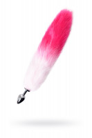 Анальная втулка Metal by TOYFA с бело-розовым хвостом, металл, серебряная, 45 см, Ø 3,3 см