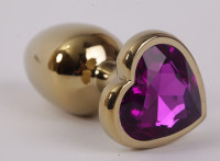 Анальная пробка золото 8х3,5см с сердечком фиолетовый страз размер-L 47192-1-MM