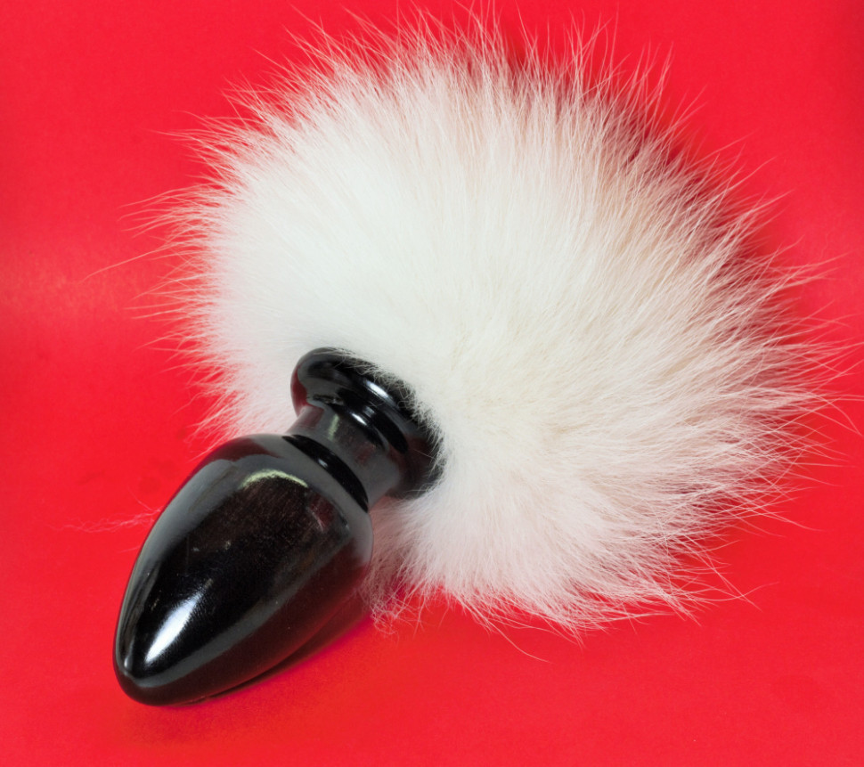 Анальная пробка с белым заячьим хвостом чёрного цвета 40мм HT40BLACK/WHITE