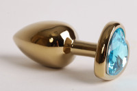 Анальная пробка золото 7,5 х 2,8 см с сердечком голубой страз размер-S 47194-MM