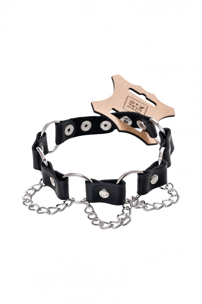 Ошейник Штучки-Дрючки с кольцами и цепочкой, кожа, черный