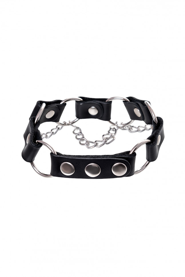Ошейник Штучки-Дрючки с кольцами и цепочкой, кожа, черный