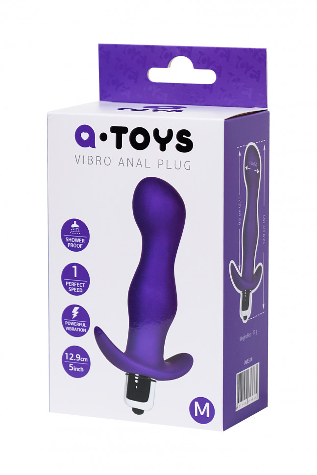 Анальная пробка с вибрацией A-Toys by TOYFA размера M, влагостойкая, силикон, фиолетовая, 12,9 см, Ø 3 см