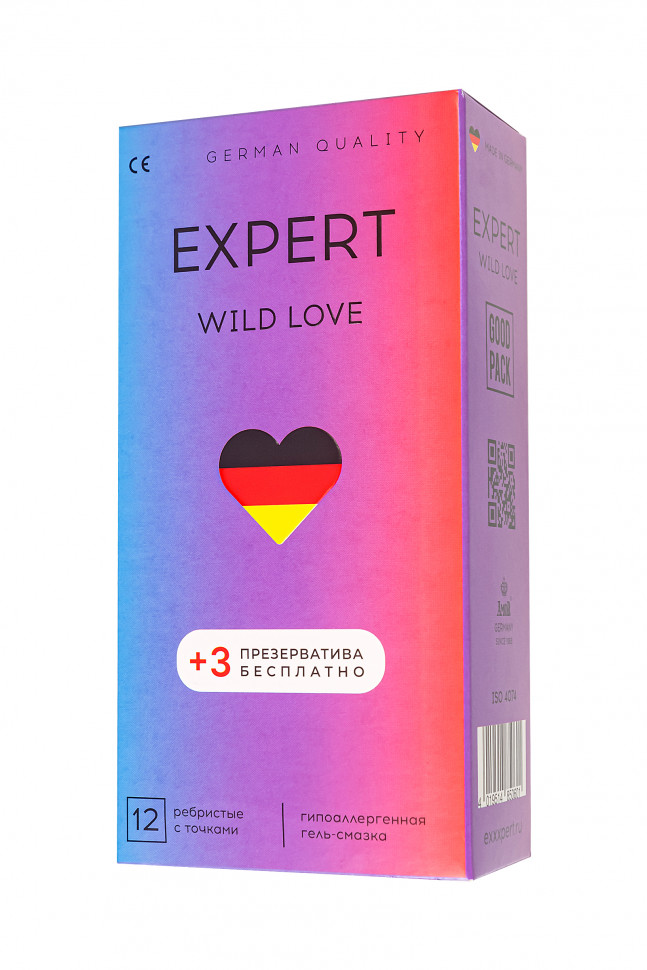 Презервативы EXPERT Wild Love Germany 12шт +(3 бесплатно), ребристые с точками