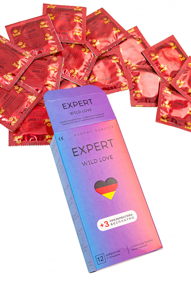 Презервативы EXPERT Wild Love Germany 12шт +(3 бесплатно), ребристые с точками