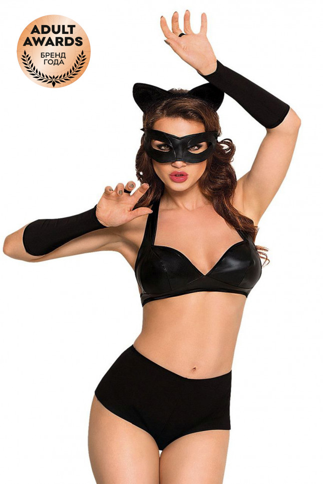 Костюм SoftLine Collection Catwoman (бюстгальтер,шортики,головной убор,маска,перчатки), чёрный, M