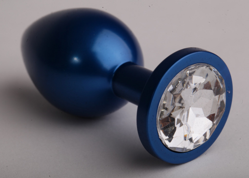 Анальная пробка металл 8,2 х 3,5см синяя с прозрачным стразом размер-S 47196-3-MM