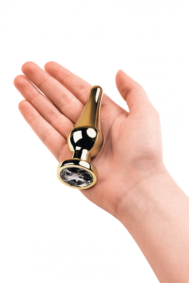 Анальная втулка Metal by TOYFA, металл, золотая, с кристаллом цвета алмаз, 10 см, Ø 3 см, 95 г