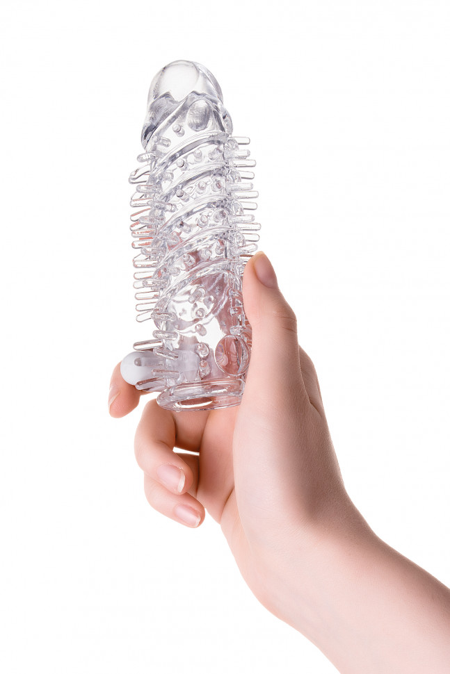 Насадка на пенис Штучки-дрючки с вибропулей, TPR, прозрачная, 13,4 см.