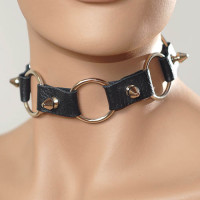 Ошейник кожаный черный с кольцами шириной 20мм с с шипами длиной 12мм 3110-1