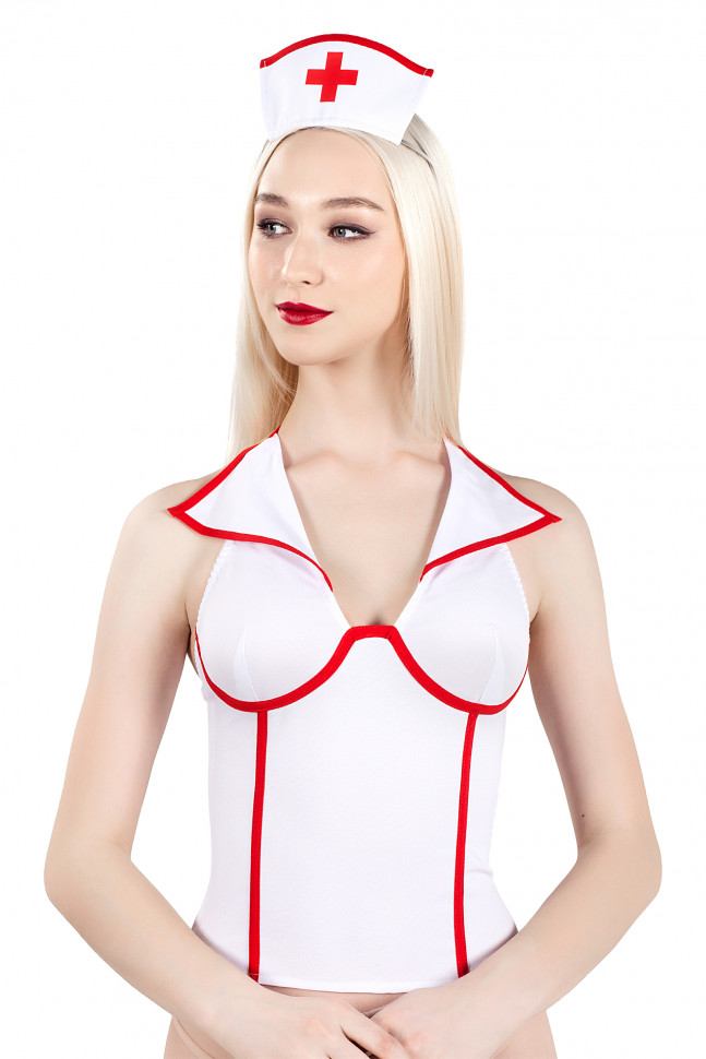 Верхняя часть костюма «Медсестра», Pecado BDSM, корсет, головной убор, бело-красный, 46
