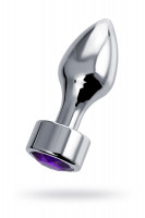 Анальная втулка Штучки-дрючки, металл, серебряная, с кристаллом фиолетовым, 9,5 см, Ø 3,5 см, 130