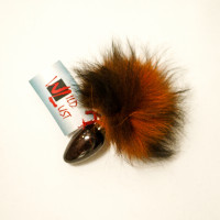 Анальная пробка с оранжево-черным заячьим хвостом чёрного цвета 32мм HT32black/orange
